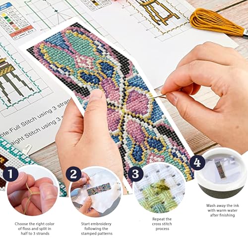 Image of FREEBLOSS 6 Set Cross Stitch Bookmark Kit 11 CT Complete Stamped Cross Stitch Kit DIY Embroidery Bookmark Kits for Adult Beginners with Instructions, Retro Floral Pattern, 6 x 20 cm /8 inch x 2.4 inch
