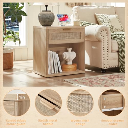 Image of LEYAOYAO Rattan Nightstand with Charging Station, Natural Wood Night Stand with Drawer, 23 inch Wide Boho Bedside Table with Storage Shelf, Bed Side End Tables for Bedroom, Living Room, Hallway