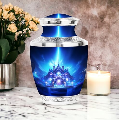 Image of Temple Burial Urns for Adult Human Ashes - Large Personalized Female Urns - Memorial Cremation Urn for Ashes Dad - Customized Funeral Urn for Ashes for Women - 10 Inch Large with Velvet Bag