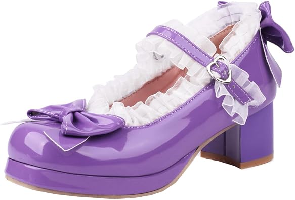 Womens Kawaii Platform Mary Jane Patent Shoes Chunky Heel Ankle Strap Pumps Cute Closed Round Toe Strappy Bow Lace Party Dress Goth Shoes