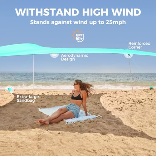 WEKAPO Beach Tent Sun Shelter - Easy Setup Beach Canopy with 4 Sturdy Poles, Large Sandbags and Shovel, 6'7'' Tall, Windproof Sun Shade for Backyard and Camping, UPF 50+ Protection - Image 4