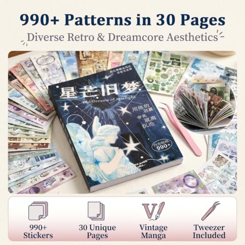 Image of PATPAT Retro Sticker Book, 990 Pieces with Tweezer, Kawaii Journaling Set