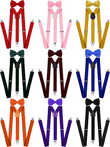 9 Pcs Adjustable Elastic Y Back Style Suspenders Fun Bow Ties for Men with Metal Clips 1 Inch Wide Y Shape Suspenders for Men and Women, 9 Colors
