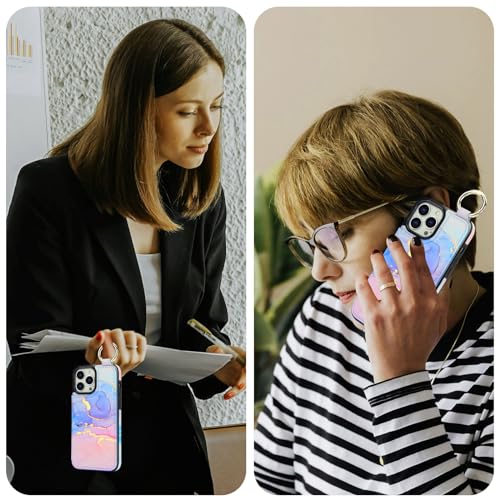 Image of HAOPINSH for iPhone 13 Pro Max Wallet Case with Card Holder, Pink Blue Marble Print Back Flip Folio PU Leather Kickstand Card Slots Case, Finger Grip Ring Double Magnetic Clasp Shockproof 6.7 inch