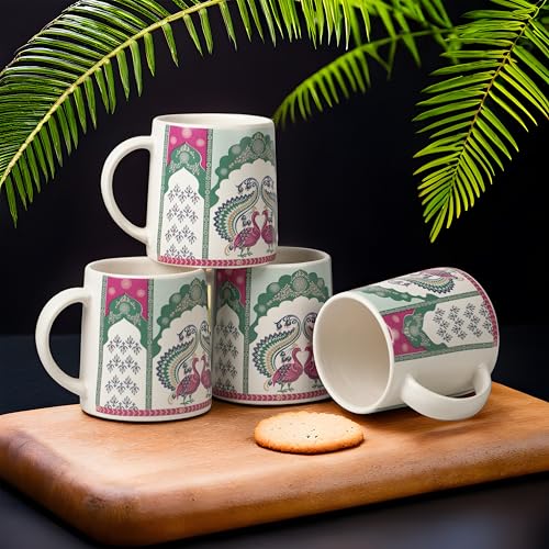 Image of Alive Peacock Art Printed Ceramic Tea /Coffee Mug Set of 6 (300 ml) | Microwave & Dishwasher Safe |Premium Ceramic Mugs for Home, Office & Gifting