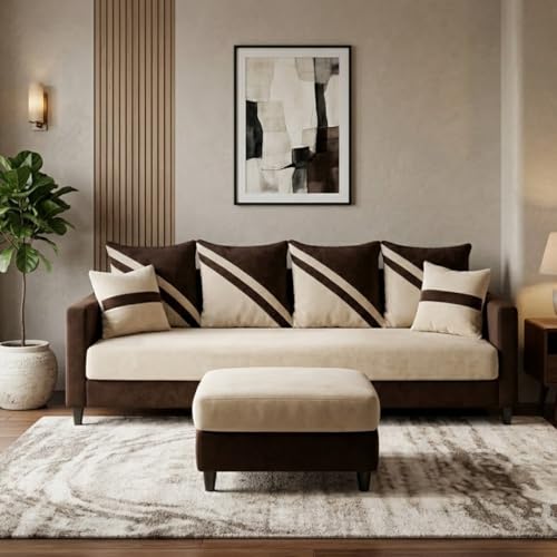 Image of SLEEPIFY Canza 4 Seater Sofa Set with Ottoman (Dark Brown - Cream) | Premium Soft Velvet | Plush Comfort Cushions | Modern Living Room Sofa | Spacious Comfortable Seating