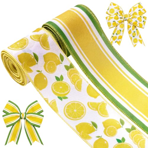 Liobelon 2 Rolls 10 Yards Lemon Wired Edge Ribbon 2.5