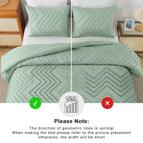 Image of Andency Sage Green Comforter Full, Boho Soft Fluffy Warm Lightweight Bedding Comforter Sets for Full Bed, 3 Pieces Light Green Chevron Tufted Aesthetic Microfiber Lightweight Comforter Set
