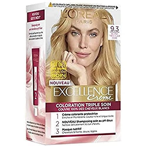 L'ORÉAL PARIS - Colorazione permanente per capelli tripla cura - copre 100% dei capelli bianchi - crema eccellente - sfumatura: biondo molto chiaro dorato (9.3)