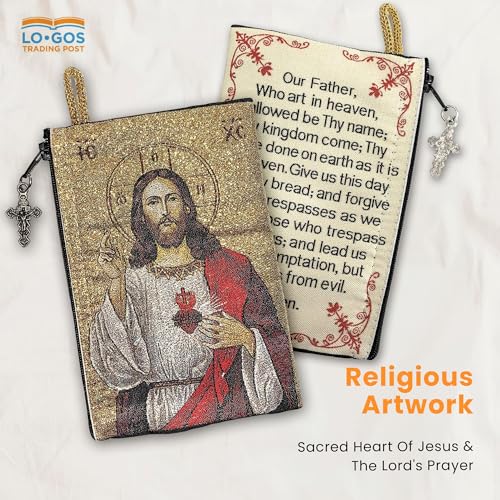Image of TREE OF LIFE REV. 22:14 Catholic Rosary Pouch, 4 inch x 6 inch Jewelry & Coin Purse with Cross, Small Woven Tapestry Icon Bag, Bolsa de Rosario Catolico para Joyeria, Sacred Heart of Jesus & The Lord's