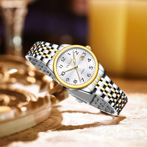 Taxau TAX-T-L8863GJ-JJB Silver And Gold Watches For Women Stainless Steel Band With Date Women Dress Watch For Small Wrist Easy Read Arabic Numerals Analog Quartz Women'S Watches Waterproof Classic Womens Watches thumb #6
