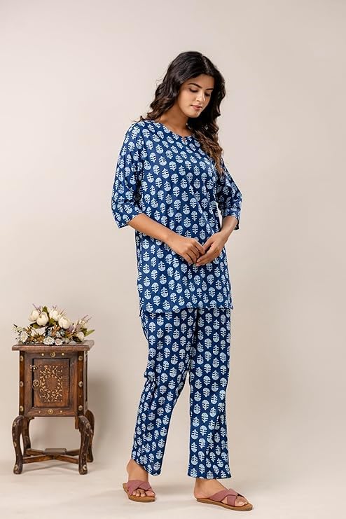 Image of Pure Cotton Printed Night Suit Set | Top Pyjama Set for Women | Night Dress of Kurta Pyjama Set for Women | Kurta Top Set