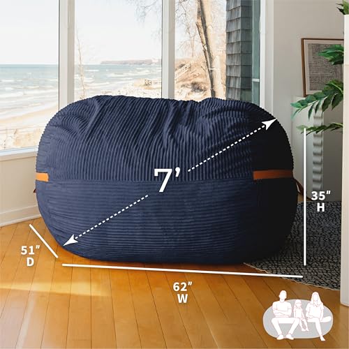 Image of Big Joe Fuf 7Ft Foam Bean Bag Chair for Kids and Family, Ideal for Living Space and Basement, Midnight Blue Corded Plush, 7 feet Giant