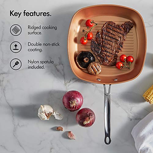 VonShef Non Stick Aluminum Grill Pan, Easy Clean Griddle With Copper Colored Interior and Stainless Steel Handle, Induction Hob Ready, 11 Inches Diameter - Thumbnail 5