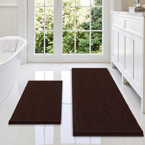 Image of Smiry Bathroom Rugs Sets 2 Piece, Soft Absorbent Chenille Machine Washable Non Slip Shaggy Bath Rug Set for Tub, Shower, and Floor (47x17+24x16, Brown)
