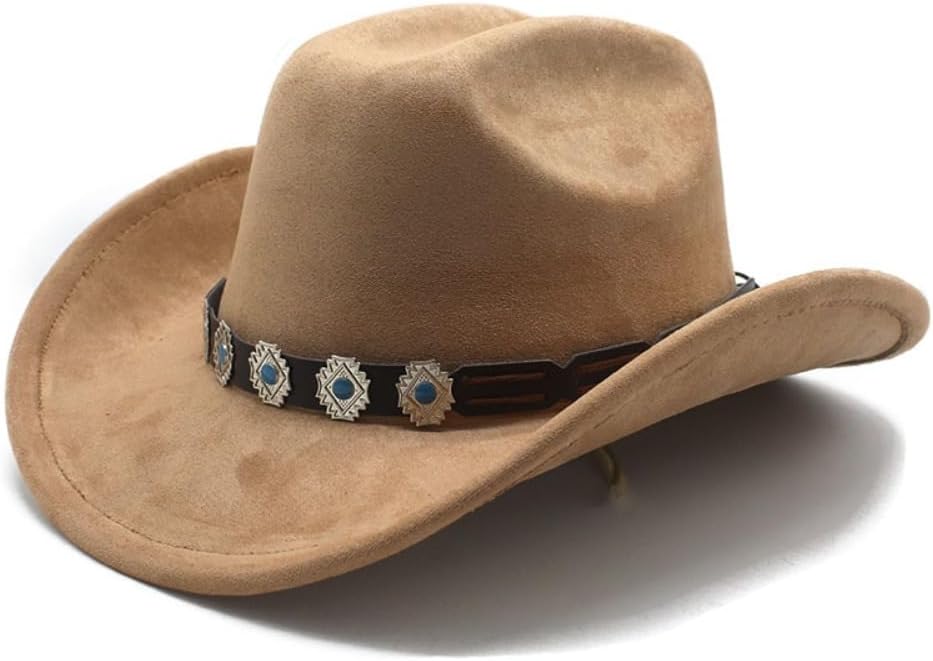 Western Cowboy Hat, Brown, Faux Suede Material, Decorative Metal Concho Band