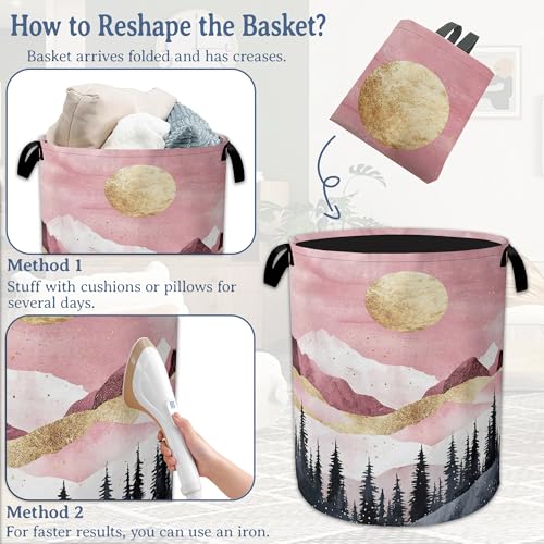 Image of Mountains Laundry Basket,Foldable Oxford Cloth Sun Forest Golden Pink Laundry Hamper with Handles, 20.8 inchx16 inch Tote Bag Clothes Storage Bucket for Laundry Room /Bathroom /Bedroom /Dormitories