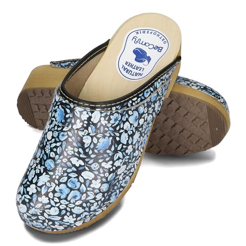 BeComfy Sabots en Cuir pour Femme Mules à Talons en Bois Étoiles Fleurs Colorées Bleu Blanc 35-41 EU (Noir Bleu, 39 EU)