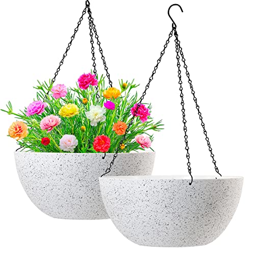 Wousiwer 13 Inch 2Pack Large Hanging Planters For Outdoor Indoor Plants With Drainage Holes And Chain, Round Hanging Flower Pots For Garden Home Porch Decor, White Speckles #TOP9