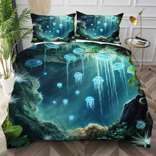 Housse de Couette 220x240 Méduse Bleue - Parure de Lit Microfibre 3 Pcs - 2