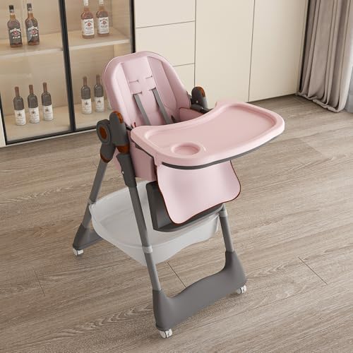 Image of Pink Convertible Height Toddler High Chair with Lockable Wheels, Portable Foldable Baby Feeding Seat with Tray, Adjustable Highchair Easy Clean for Babies and Toddlers Ages 0-6 Years