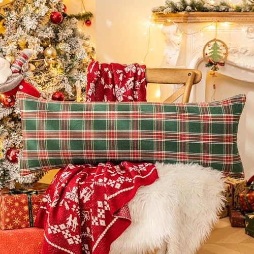Image of AQOTHES Christmas Plaid Decorative Throw Pillow Covers Green Red 14x36