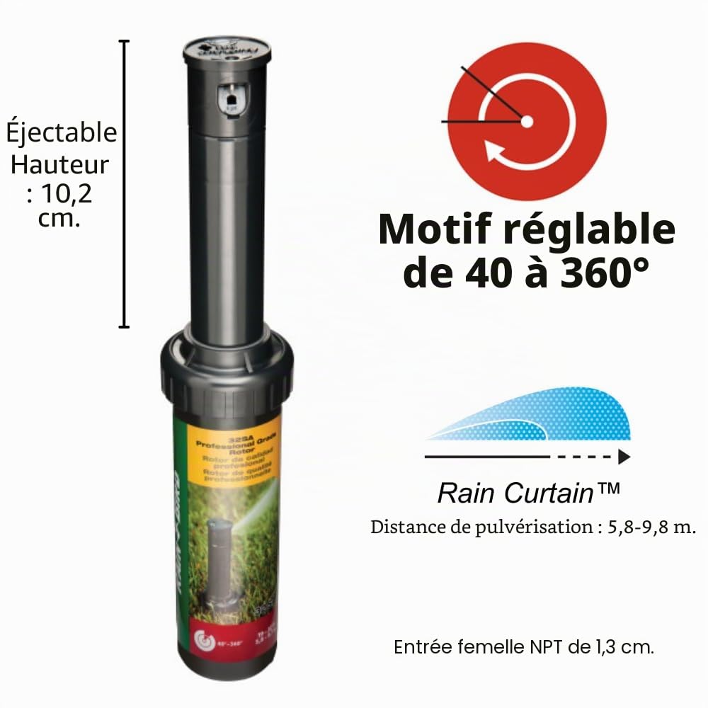 Rain Bird 32SA/4PKS Rotor d'entraînement à engrenage Simple Ajustable, modèle réglable de 40 ° à 360 °, Distance de pulvérisation de 5,8 à 8,9 m, Lot de 4