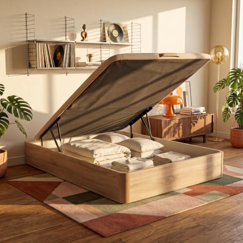 What The Sleep | Canapé Abatible de Madera Gran Capacidad | 160x200 | Montaje y Retirada Usado Incluido | Natural | 32 cm | Apto Todos Colchones | Esquinas Delanteras Redondeadas | Storage Bed