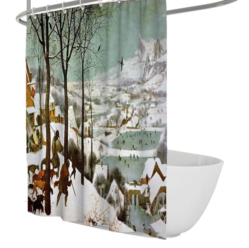 FEIPUHOME Art Berühmte Gemälde Drucke Duschvorhang Jäger im Schnee (Winter) Muster Badezimmer Duschvorhänge mit Haken Wasserdichter Stoff 120 x 200 cm