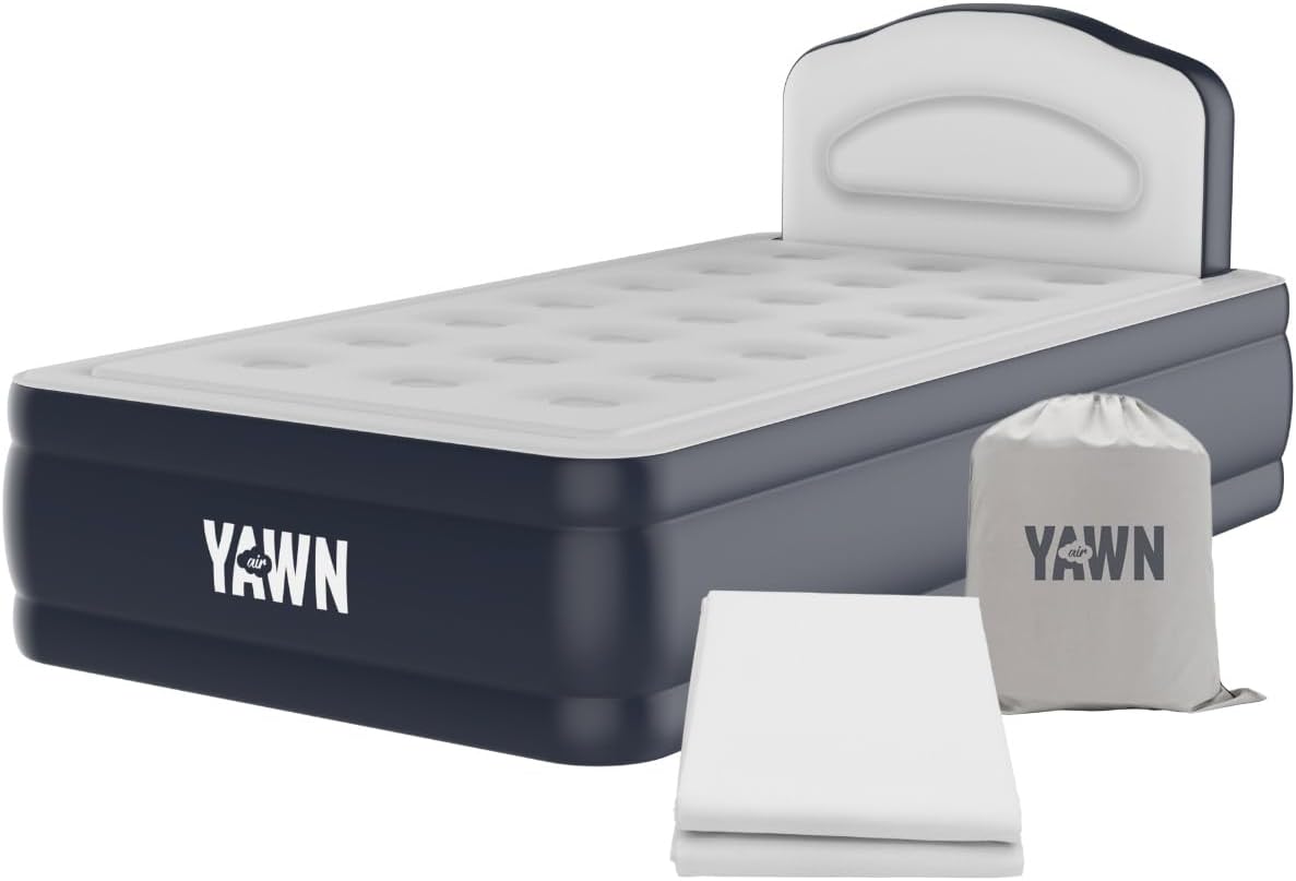YAWN AIR Deluxe Self-Inflating Airbed with Custom Fitted Sheet Included - Single Size - Great Guest Bed, Camping Mattress - Built-in Pump & Headboard - Available in UK Single, Double & King