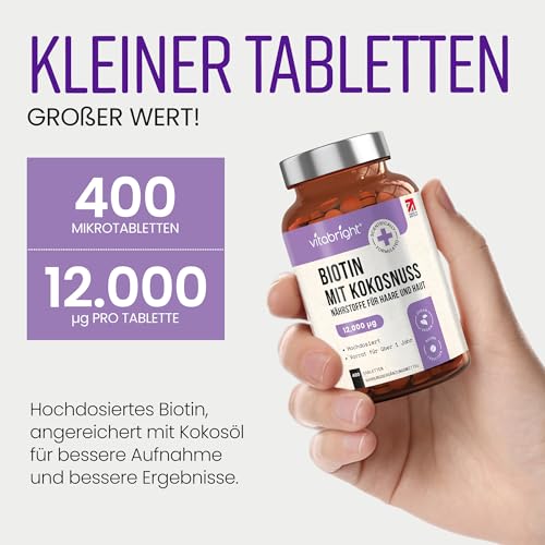 Biotin 12.000 µg hochdosiert für Haare | 400 Tabletten | 24.000% NRV | 1 Tablette täglich | Über 1 Jahr Vorrat | Vegan | VitaBright