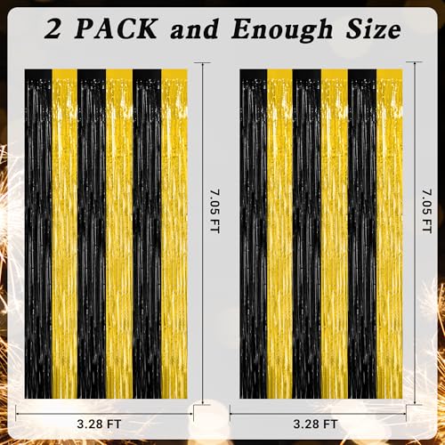 Image of ZATAYE 2 Pack Black Gold New Years Eve Foil Curtain Streamer Decorations | Black Gold, Metallic Foil, 3.28 x 7.05 FT, Tinsel Backdrop, Foil Curtain Streamer, New Years Eve Party