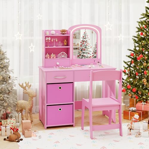 Image of HONEY JOY Kids Vanity, Little Girls Vanity Set with Mirror and Stool and Lights, Wooden Princess Makeup Dressing Table, Storage Box & Shelf, Pretend Play Kids Vanity Table and Chair Set(Pink)