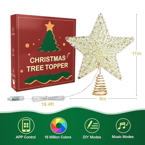 Christmas Tree Star Topper, LED Tree Decorations, UL Certified Colorful Star Tree Topper Lights for Home Garden USB Plug in Xmas Tree New Year Holiday, APP and Remote Control, DIY Dimmer(Gold) — view 2