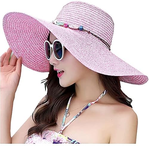 BABAHU Women Foldable Floppy Wide Brim Straw Sun Hat Summer Beach Hat UV UPF 50+, 01-Style Pink