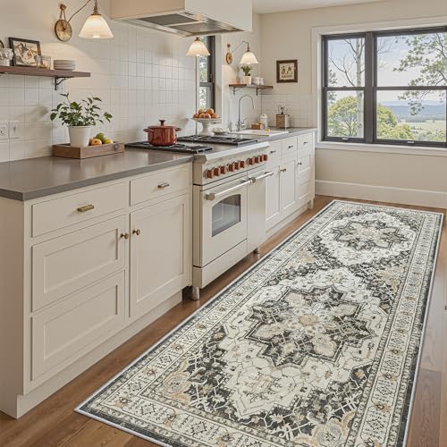 Madane 4x12 Wide Hallway Runners: Washable Runner Rug for Entryway Living Room Soft Vintage Non Slip Carpet Runner for Kitchen Dining Room Nursery Bedroom Thin Area Rug (Black,4x12ft)