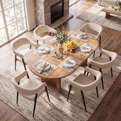 Image of HNY Modern Dining Chairs with Arms Set of 6, Beige Faux Leather Armchairs