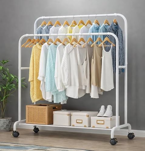 Image of Single Pole Coat Hanger /Cloth Stand /Garment Stand with Bottom Shelves - Metal Garment Rack for Organized Storage 8 Hook (Multi) (White-1)