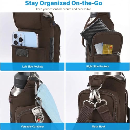 Image of icolor Magnetic Gym Bag Water Bottle Carrier Holder with Phone Pockets & Shoulder Strap,Gym Magnetic Bag 5 Built-in Magnets Gym Accessories Organizer Sling Bottle Bag Pouch Sleeve (Neoprene, Brown)
