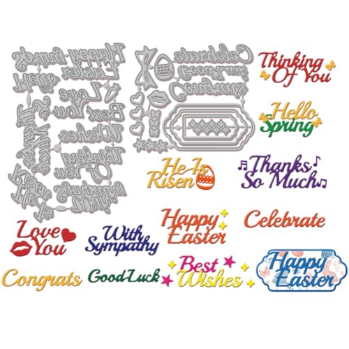 GLOBLELAND Easter Greetings Words Cutting Dies for DIY Scrapbooking Metal Happy Easter Celebrate Text Cut Dies Hello Spring Love You Good Luck Die Cuts for Card Making Embossing Photo Album Craft