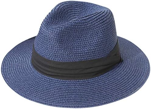 Lanzom Women Wide Brim Straw Panama Roll up Hat Fedora Beach Sun Hat UPF50+ (Blue)
