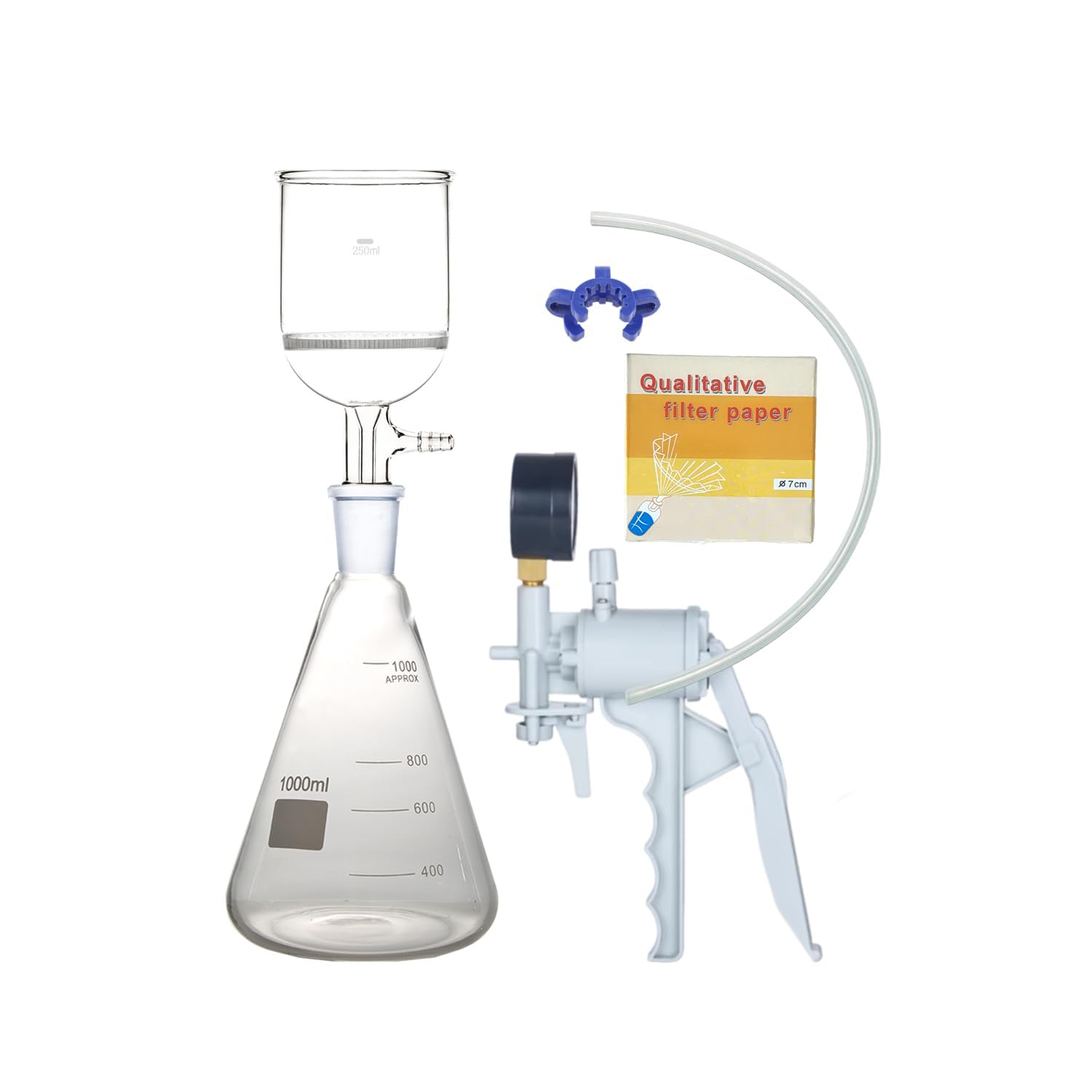 1000ml,Suction Filtration Kit,70mm Buchner Funnel,1L Erlenmeyer Flask,W/Handle Vacuum Pump