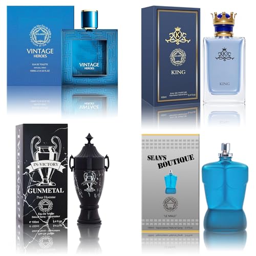 Cologne for Men Set (100ml x 4PCS Variety Pack Vintage Heroes,King,Sean's Boutique,Victory Gunmetal) Eau De Perfume Notes of Woody, Spicy, Citrus &amp; Aromatic Long Lasting Perfume for Men All Day Use