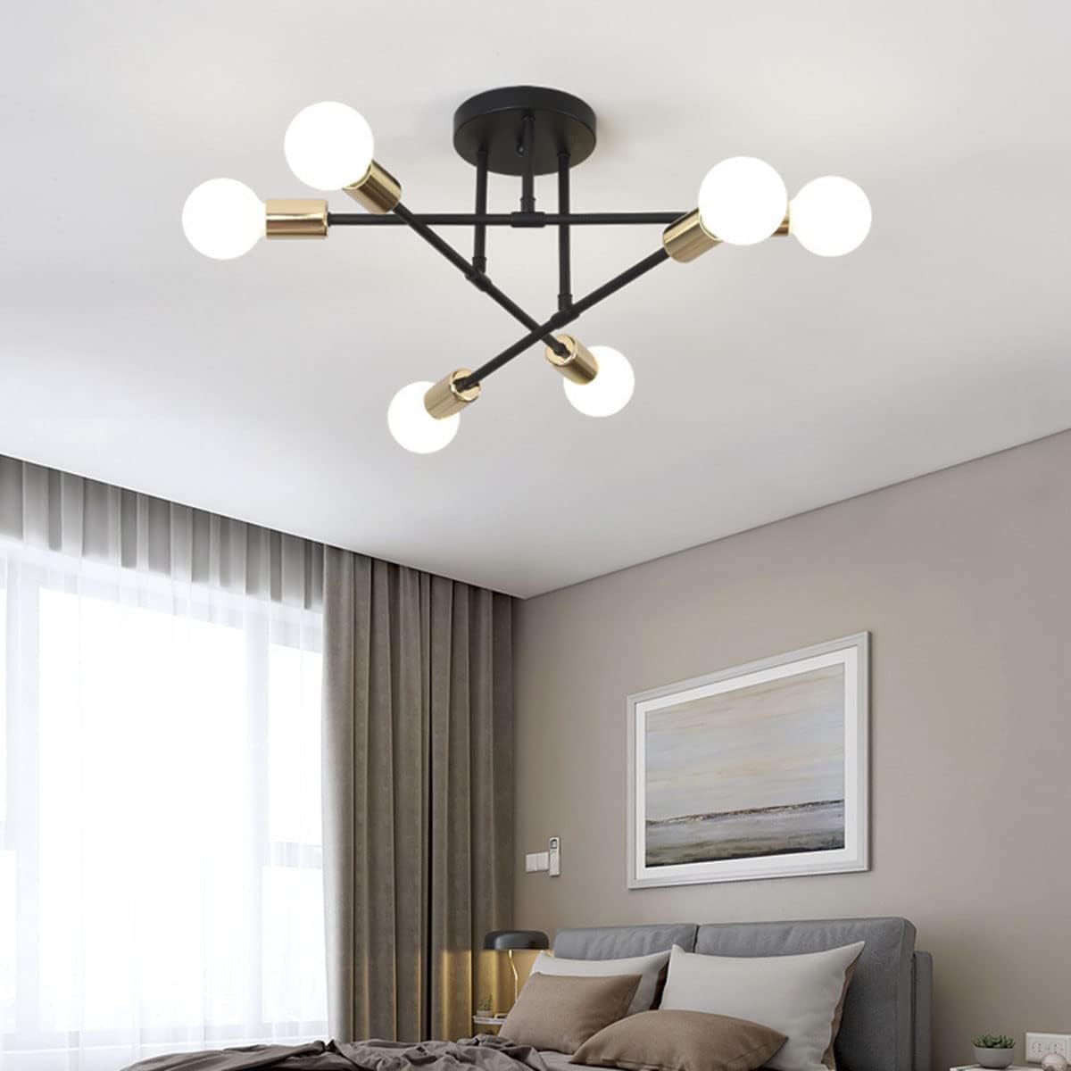 Modern Ceiling Light Fixture, Sputnik Chandelier 6 Lights, Mid Century Vintage Industrial Chandelier Lighting for Living Room Bedroom Kitchen Dining Room