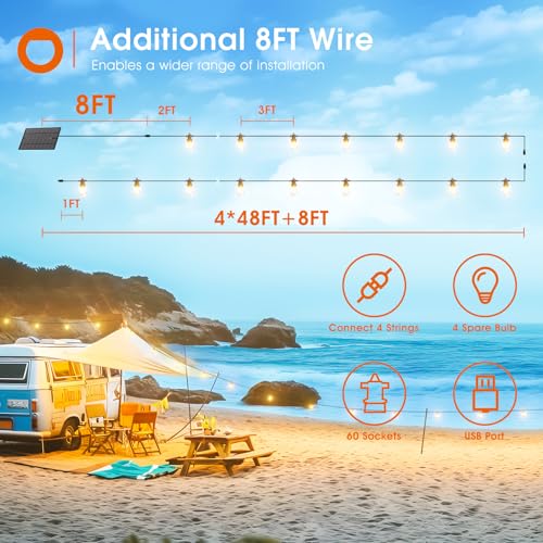 Image of addlon 200FT(192+8) Solar String Lights Outdoor, Last 20+ Hrs, USB Charging