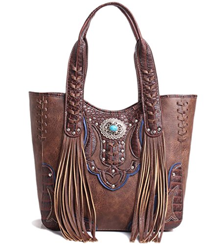 Western Concealed Carry Country Fringe Purse Handbag Totes Shoulder Bag Wallet Set Brown2