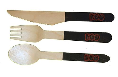 Miniatura 4 de Perfect Stix Juego de cubiertos de madera desechables con varios estampados de Halloween (naranja y negro), paquete de 100 unidades