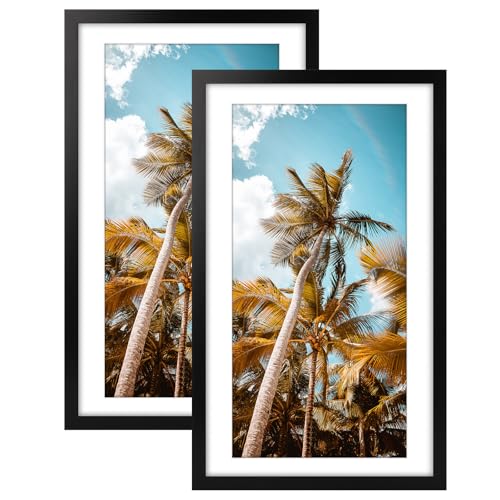 Image of Frametory, 14x24 Picture Frame With Mat for 11x22 Picture - High Definition Glass Wide Molding - Preinstalled Wall Mounting Hardware (Black, 2 Pack)