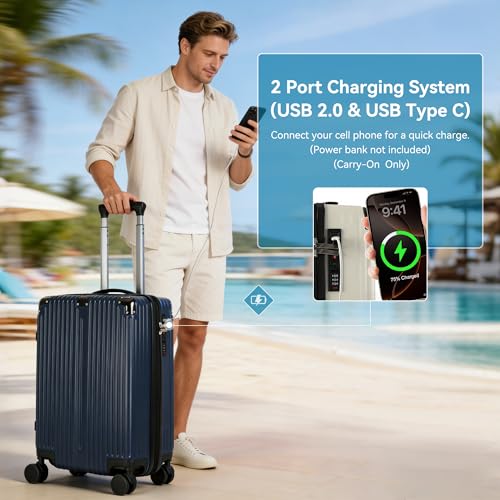 Image of 20 Inch Carry On Luggage with Spinner Wheels,PC Expandable Hard Shell Suitcase with USB Port,Lightweight Travel Luggage Airline Approved for Men Women (Navy Blue)