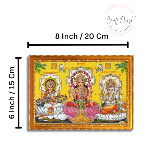 Image of CRAFT QUEST Lakshmi Devi with ganesh ji and saraswati mata Wall Painting Photo Frame for Diwali Pujan (Synthetic, Golden, Sparkle Finish, Small Size, 8 X 6 Inch)